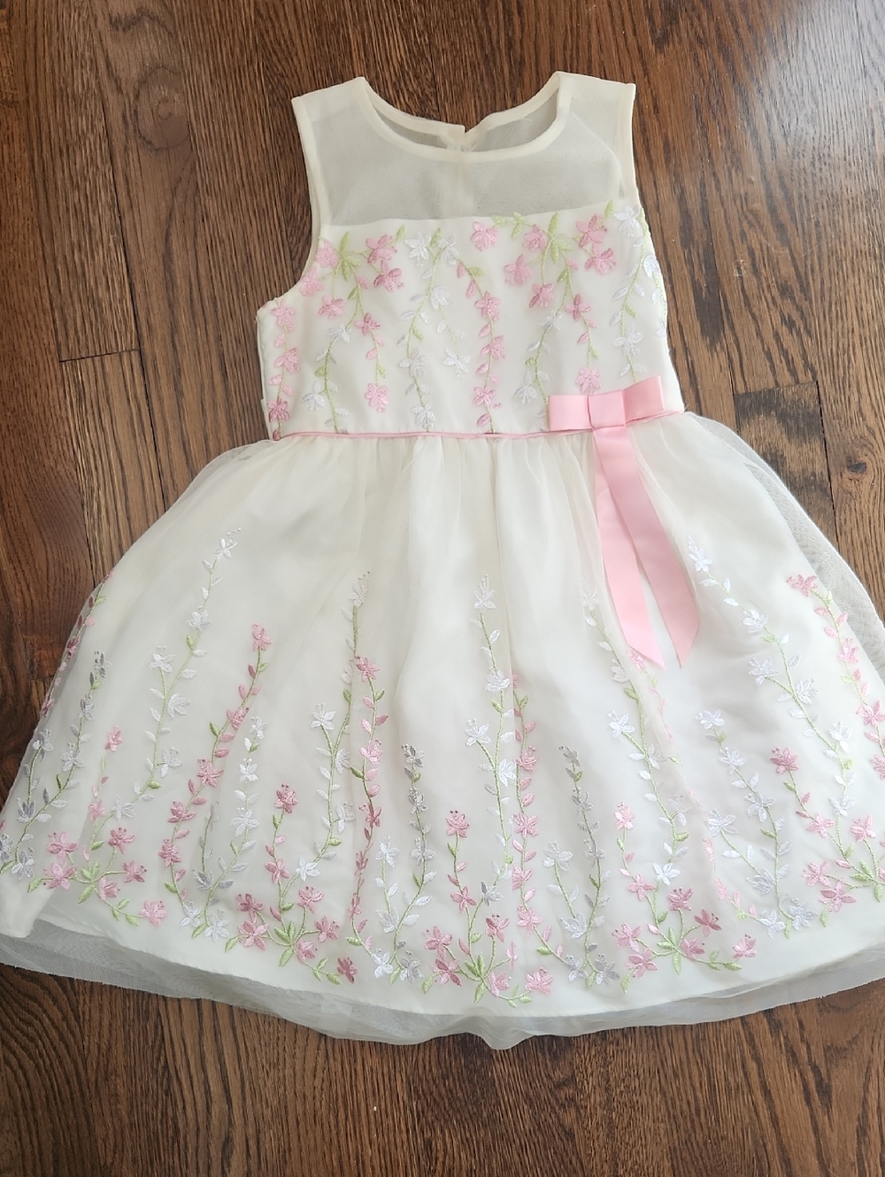 Jona Michelle Ivory Floral Embroidered Dress with Pink Ribbon